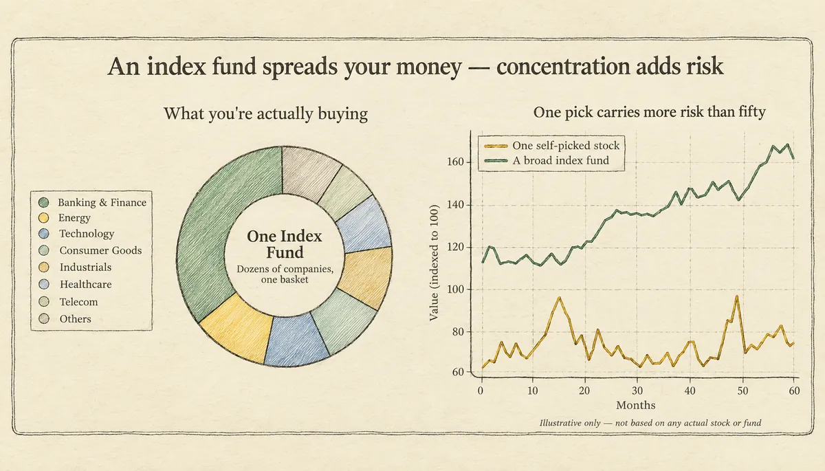 Two illustrative charts. A ring chart splits one index fund across sectors led by banking and finance. A line chart over 60 months shows a broad index fund rising steadily while one self-picked stock swings up and down well below it