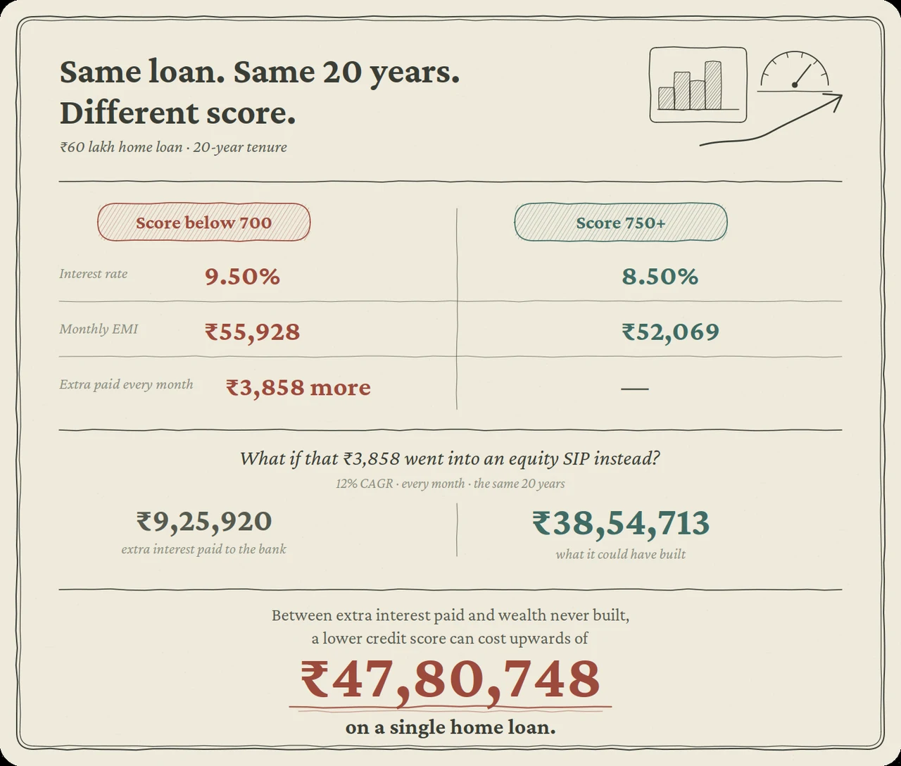 The same ₹60 lakh, 20-year home loan at two credit scores: below 700 costs ₹3,858 more every month, and that ₹3,858 in an equity SIP at 12% CAGR would have built ₹38,54,713 — a combined cost of upwards of ₹47,80,748