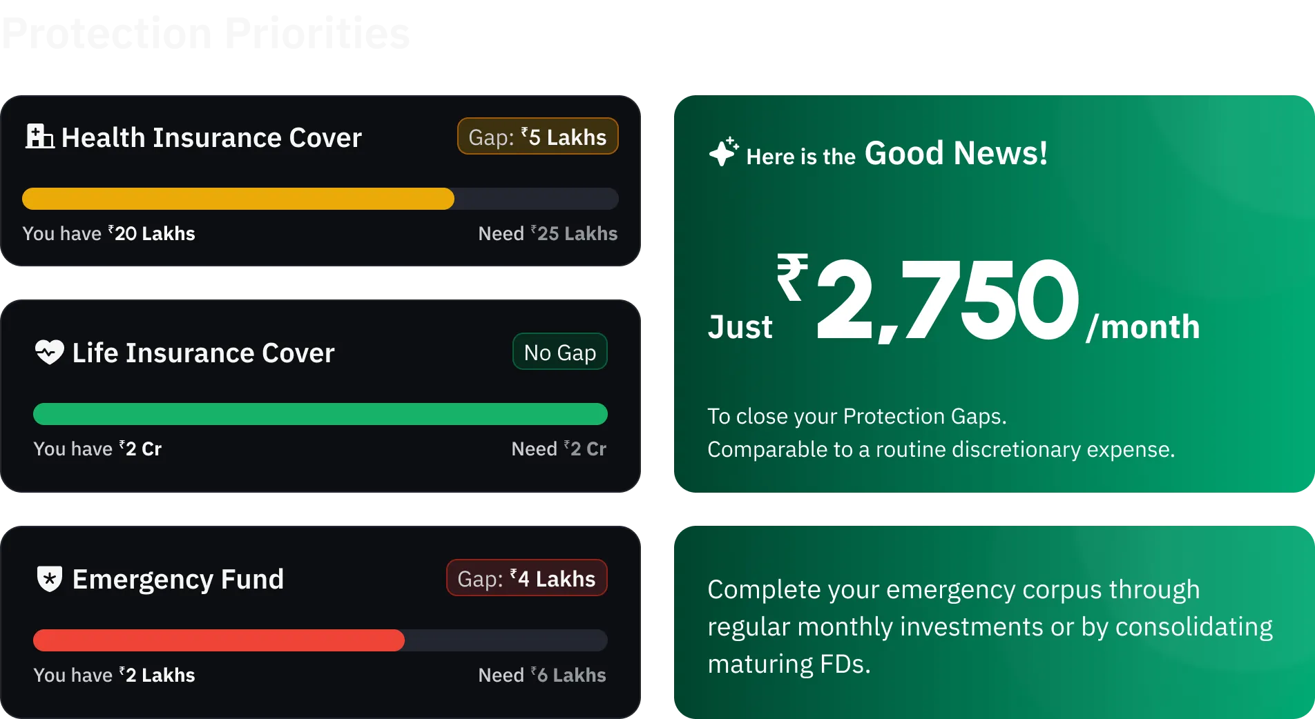 Protection Goals showing health, term life and emergency coverage